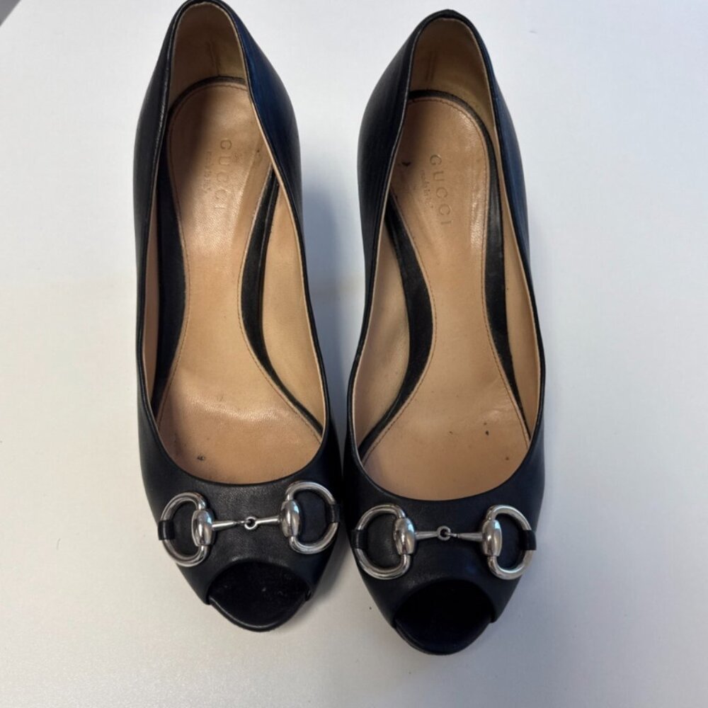 Gucci Black Leather Horsebit Detail Stiletto 3”  Heel PeepToe Womens 36.5